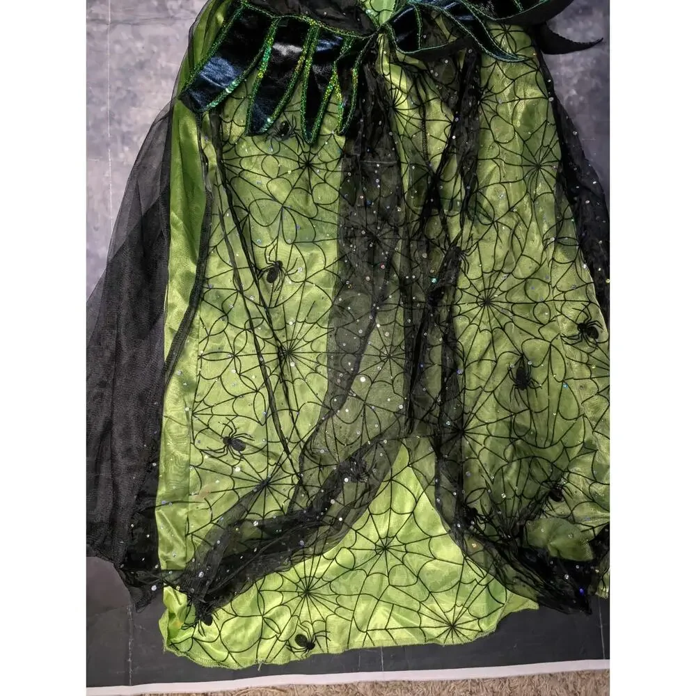 Magical Green Halloween 2 Piece Witch Costume Spiders Girls Size 7-8 Teetot